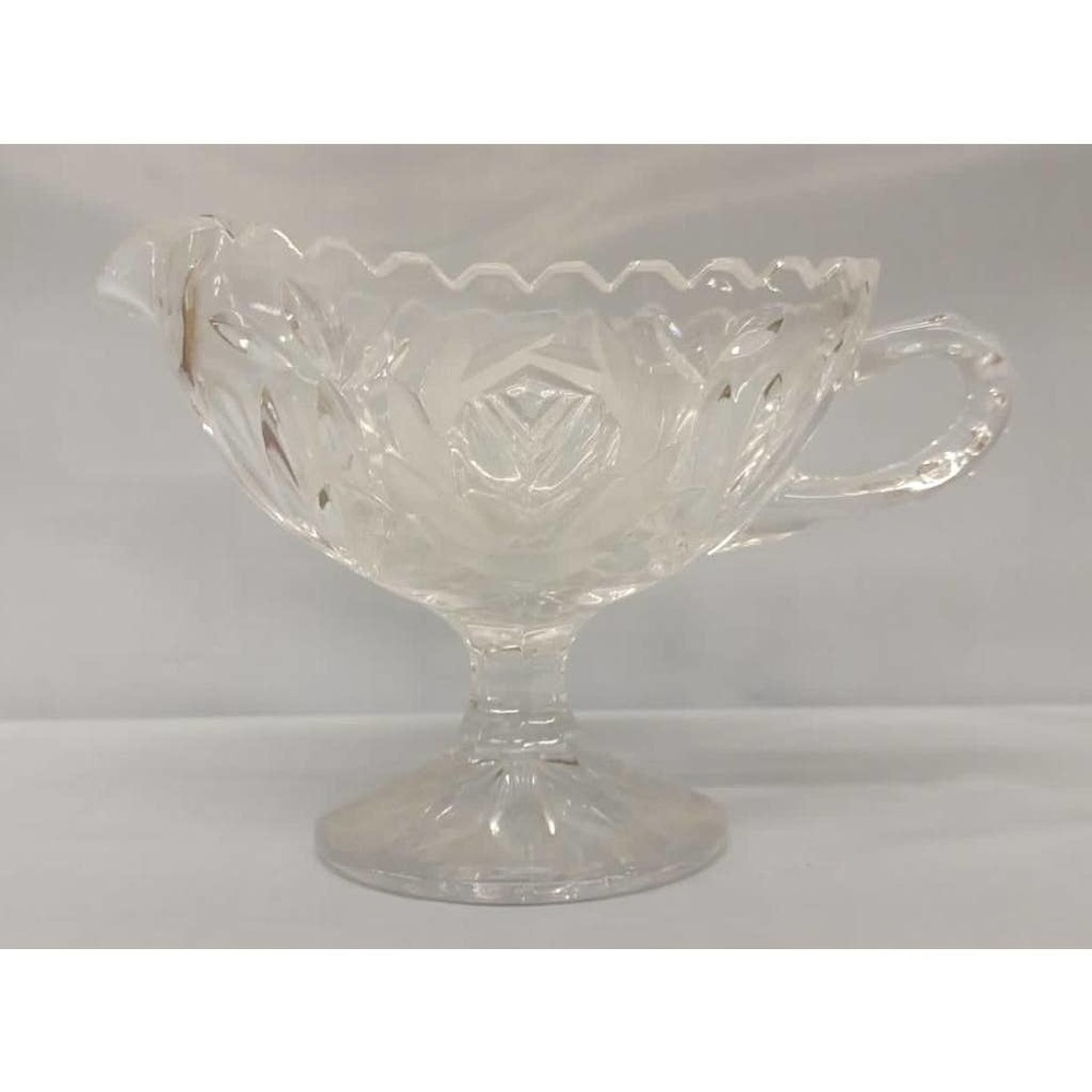 VTG Mid-Century Cut Glass Gravy Boat Footed Base Saw Tooth Edge Mini Gravy Dish